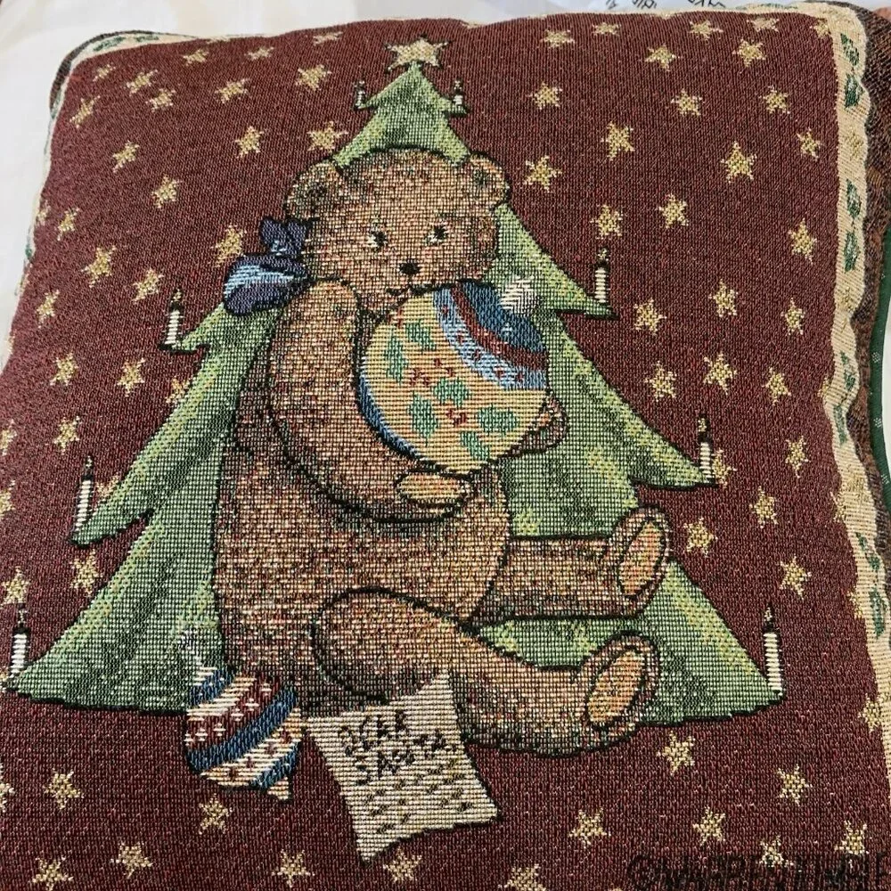 Christmas Teddy Bear Tapestry Pillow Square 15 x 14 Victorian Dear Santa